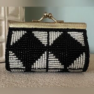 Vintage Black and White Beaded with Gold Accent Lipstick Case